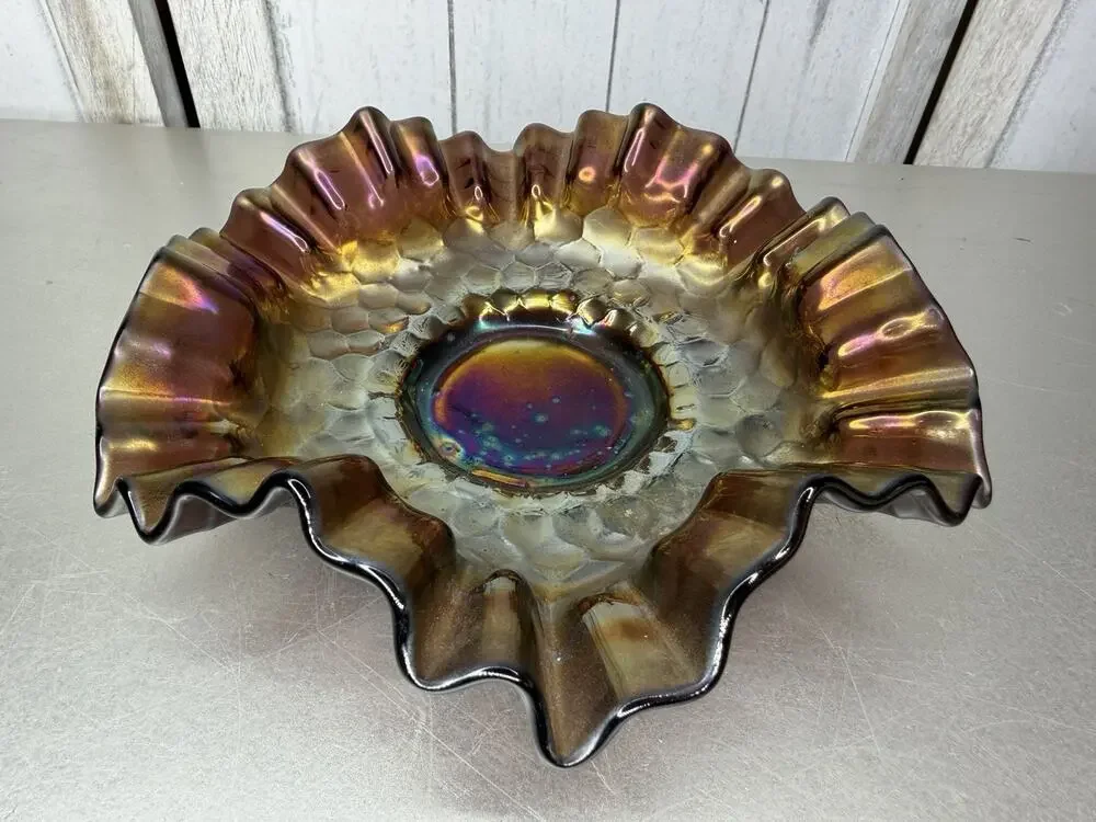 Vintage Fenton Art Glass Carnival Ruffle Edge Bowl Amethyst Purple Holographic